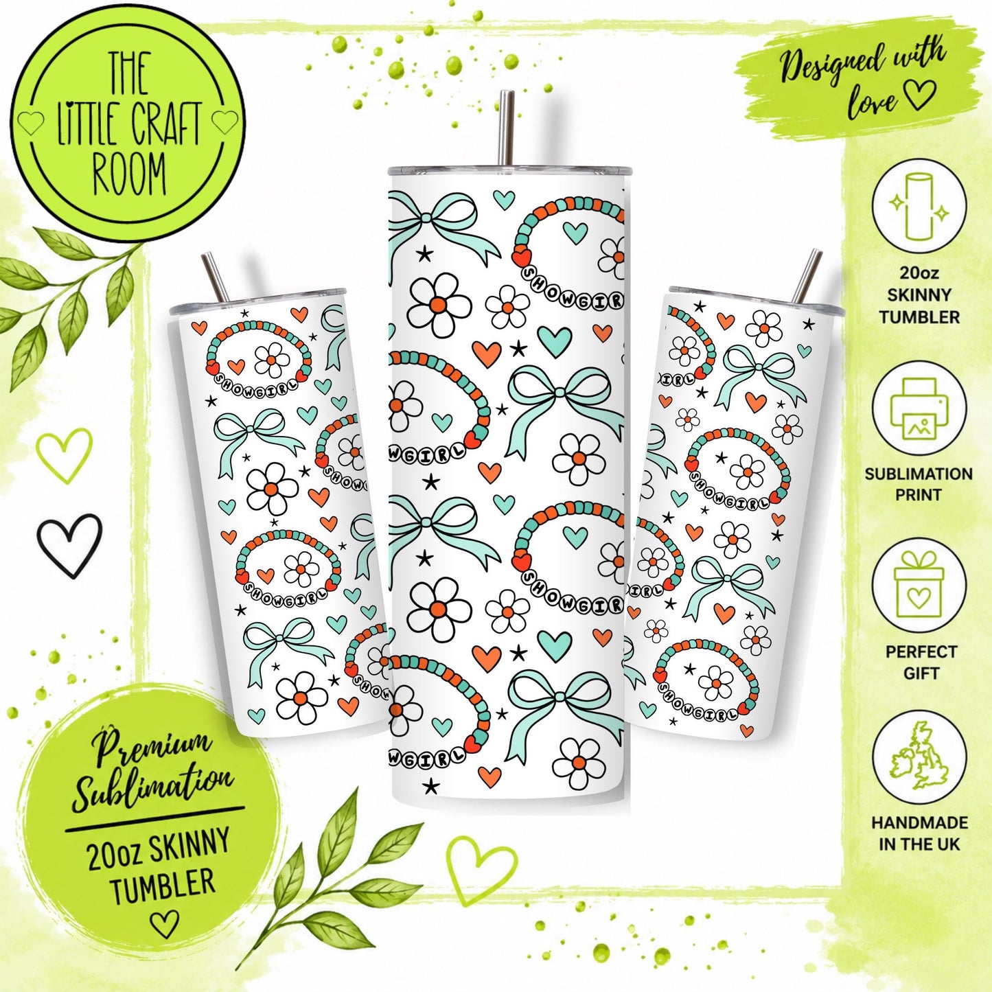 Showgirl Tumbler, Retro Floral 20oz Stainless Steel Cup, Colourful Skinny Travel Mug, Gift for Her