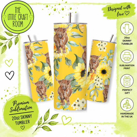 Highland Cow Sunflower Tumbler, Yellow Floral 20oz Insulated Travel Cup