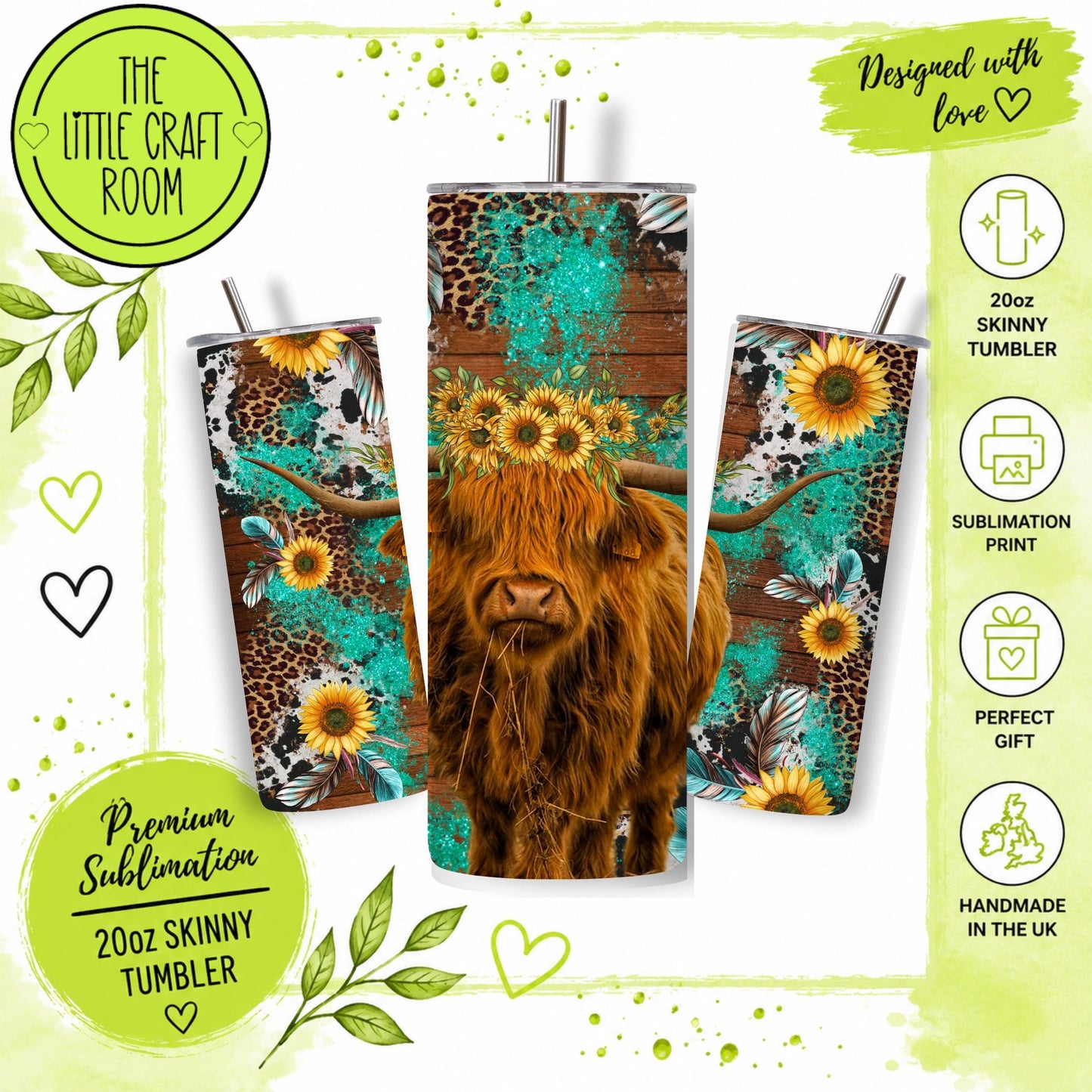 Highland Cow Sunflower Tumbler, Turquoise Leopard Print 20oz Travel Cup