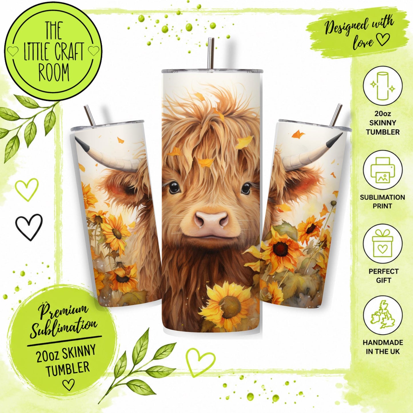Highland Cow Sunflower Tumbler, Autumn Floral 20oz Insulated Travel Cup