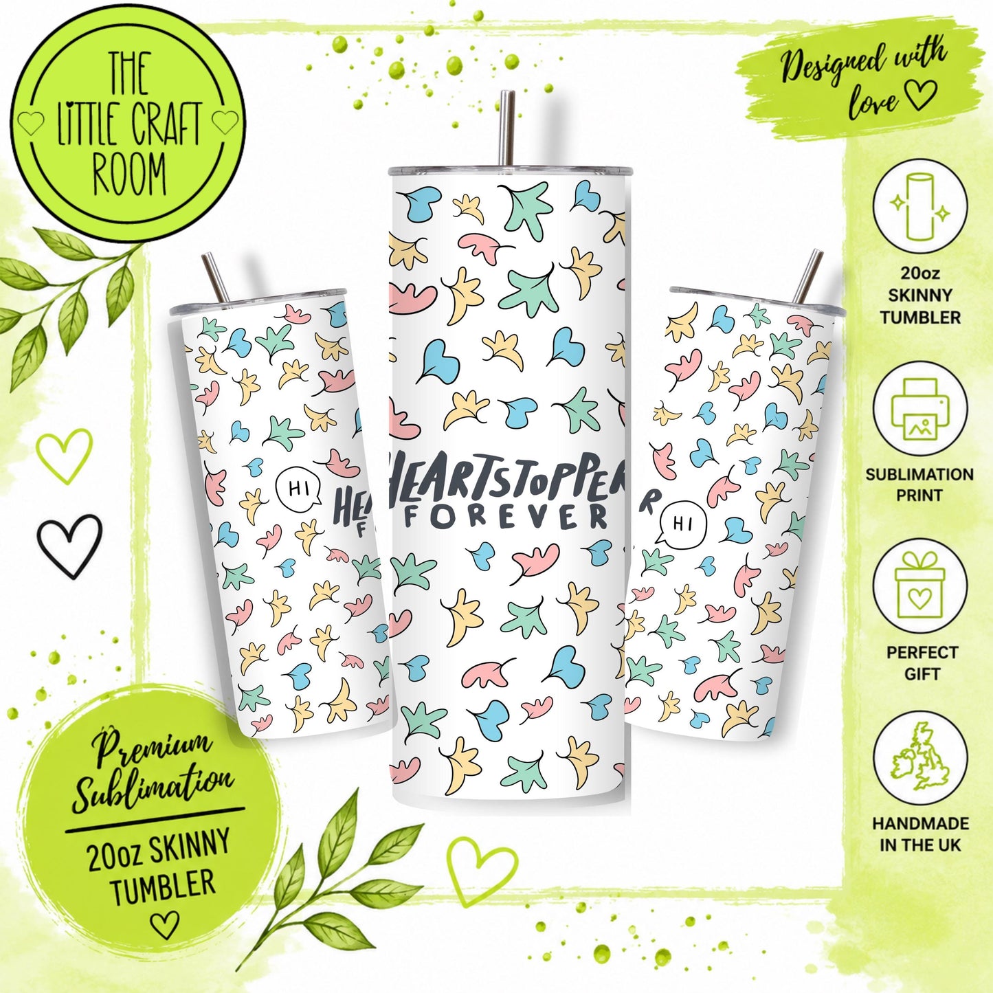 Heartstopper Tumbler, Colourful Leaf Cup, 20oz Skinny Tumbler, TV Fan Gift