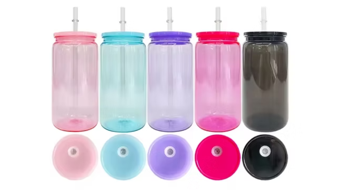 16oz Transparent Acrylic Coloured Plastic Beer Can with Plastic Lid and Straw