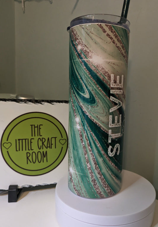 Green and silver personalised marble skinny tumbler gift
