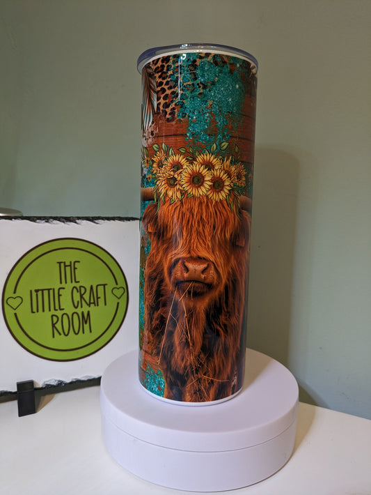 Cute Highland cow green leopard print sunflower skinny tumbler gift
