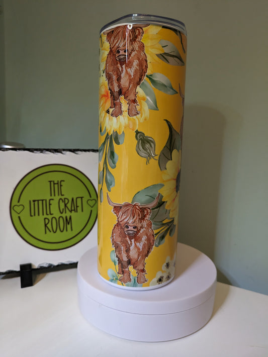 Cute Highland cow yellow flower skinny tumbler gift