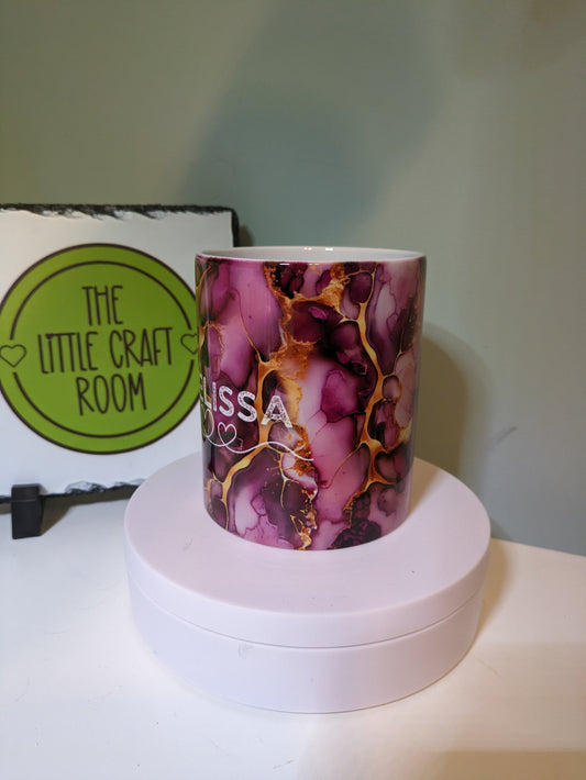 Purple and gold marbled personalised gift mug
