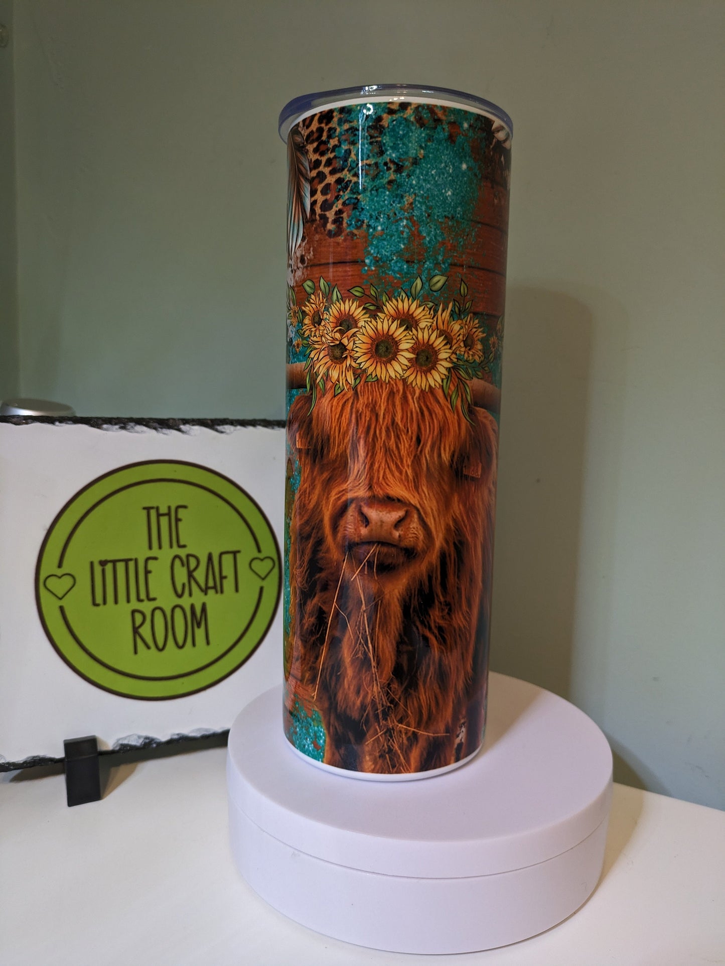 Cute Highland cow green leopard print sunflower skinny tumbler gift